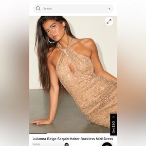 Lulu's Julianna Beige Sequin Halter Backless Midi Dress Size Large